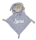 Doudou o mini-mantita para el sueño del bebé BORDADO CON EL NOMBRE DEL BEBÉ. Tejido extra - suave y confortable. Medidas: 30x30cm. Diseño: confeccionado en tejido minky gris, forma de elefante.