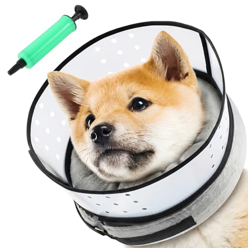Inflatable Dog Cone Collar with Detachable Transparent Shield, Adjustable Dog Donut Collar to Stop Licking After Surgery.Soft Dogs Cone Alternative for Small Medium Large Dogs(Neck 12-15 inch)