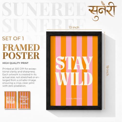 Image of Suneree Stay Wild Make Yourself At Home Wall Art Set of 2 Framed Paintings | Orange Pink Retro Typography Poster | Bedroom Living Room Home Decor (Art 19, 13x19 Inches, Black)