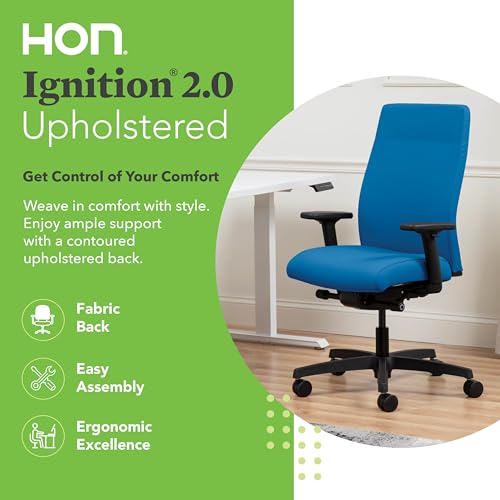 Image of HON Ignition 2.0 Ergonomic Office Chair with Adjustable Arms, Advanced Synchro‑Tilt Recline, Upholstered Desk and Computer Chair for Home Office or Workstation, Black Frame, Peacock