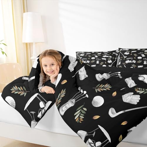 Image of Feelyou Black Golf Comforter Set Full Size Leaves Bedding Set for Kids Boys Girls Sports Golfing Theme Duvet Quilt Bedroom Decor Microfiber 3 Pcs with 2 Pillow Cases