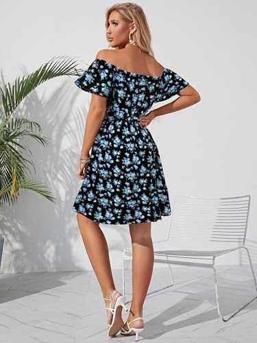 Image of Off Shoulder Ruffle Dress for Women, A-Line Mini Dress with Belt, Fitted Bust Summer Wedding Guest Dress