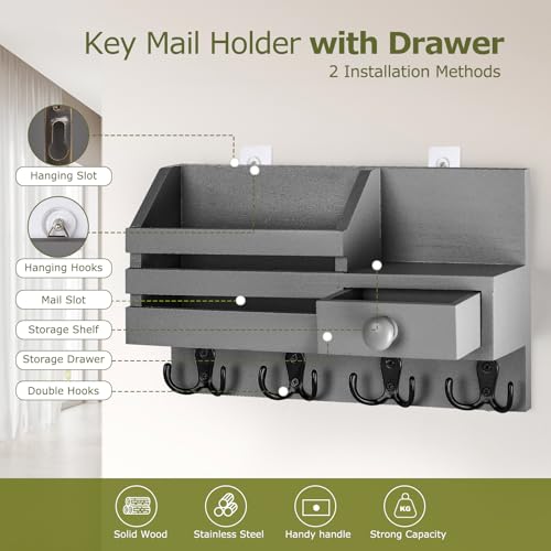 Image of Key Holder Wall Mount, Wooden Adhesive Mail and Key Organizer with Drawer, Small Shelf, 8 Hooks, 2 Installation Methods, Gray