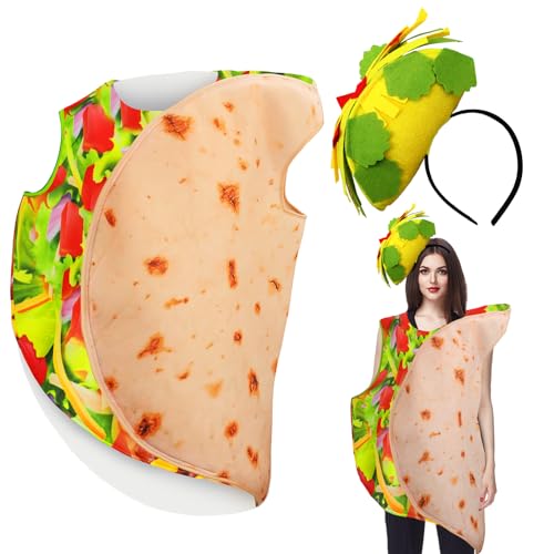 Hicarer Taco-Kostüm für Erwachsene, lustiges Essen-Kostüm mit Taco-Hut, mexikanische Burritos, Tortilla-Outfit, Halloween, Lebendige Farbe., Einheitsgre