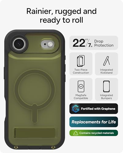 Image of ZAGG Rainier Case with Kickstand for iPhone Air - Green Sea Kelp, Graphene 22ft (7m) Drop Protection, Lanyard Attach Points, MagSafe, Wireless Charging Compatible, 2-Piece Design, Phone Case