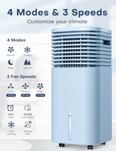 Image of Portable Air Conditioner, 3-IN-1 Evaporative Air Cooler Windowless, 4 Modes & 3 Speeds Personal Swamp Cooler w /Humidifier, Remote & 15H Timer, Evaporative Cooler for Room Home Office - Blue