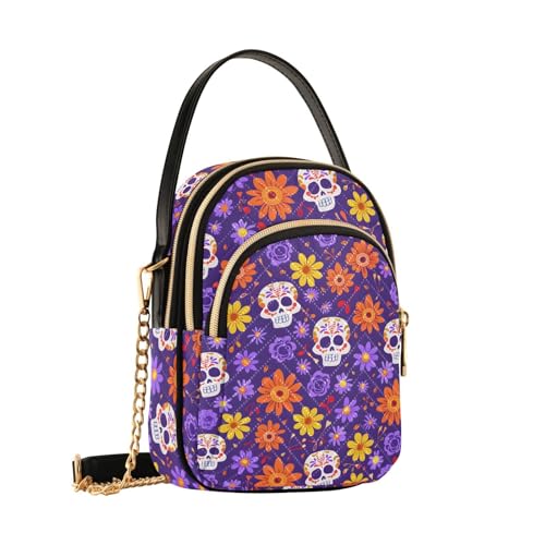 Sac à bandoulière pour femme motif tête de mort et fleurs violettes style gothique