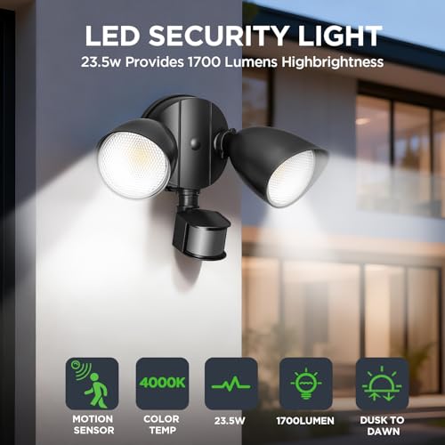 LUTEC 21W PIR LED Security Light, 1700LM 5000K Outdoor Motion Sensor Floodlight, Twin-Head Integrated Exterior Security Light, Wall Mounted Flood Light for Patio Garden Yard, Black - Image 2