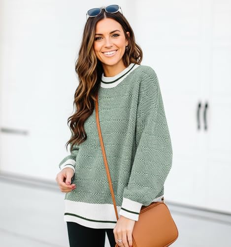 Image of Womens Oversized Sweaters Fall 2026 Fashion Clothes Colorblock Knit Tops | ETCYY Striped Sweaters For Women Trendy,Batwing Sleeve Oversized Sweater Pullover Tops,Cute,Spring Winter Fall Outfits