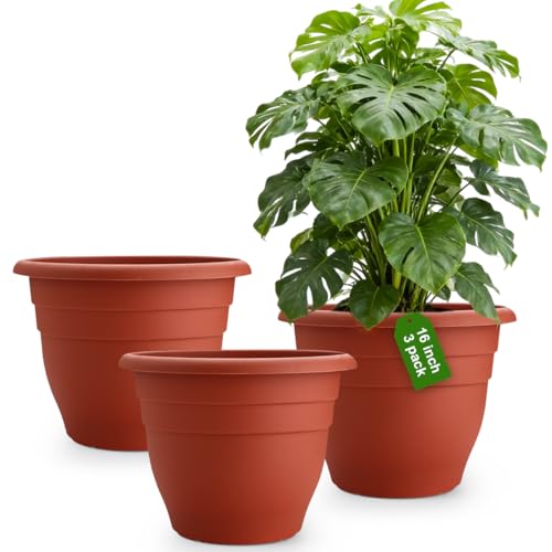 RooTrimmer 3-Pack 16 Inch Large Outdoor Plastic Plant Pots with Drainage Holes Durable Lightweight & Weather-Resistant Flower Planters for Patio Garden Balcony (Pottery Red)