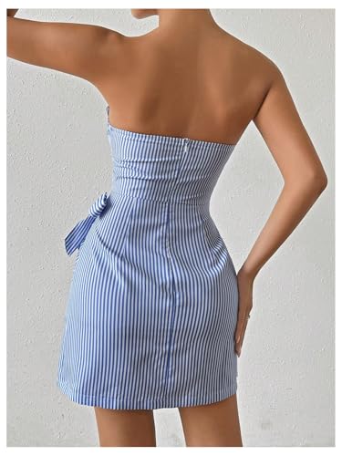 Floerns Women's Striped Frill Trim Tube Dress Strapless Wrap Front Belt Mini Dress2