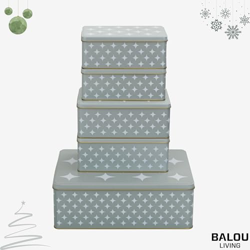 BALOU LIVING 5er Set Keksdose Weihnachten eckig - Weihnachtskeksdosen groß aus Metall - Weihnachtliche Plätzchendose Blechdose, Sterne grau/weiß