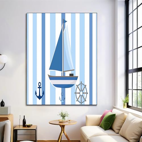 Lienzo sin marco de 60x80 cm azul con pintura de velero y timón estilo dibujos animados