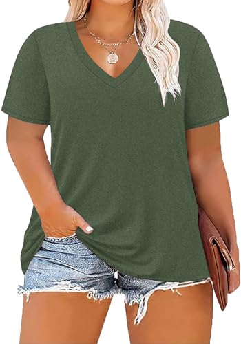 Image of ForHailey Women's Plus Size Short Sleeve Tee Shirt V Neck Basic Ladies Loose Fit T Shirt 1X-5X