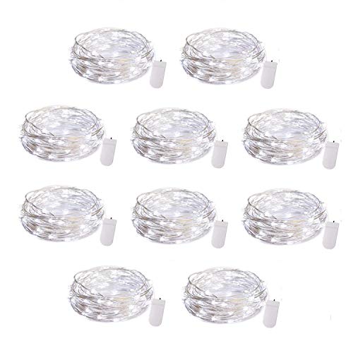 10 Pack Fairy Lights Battery Operated, 7Ft 20 LED Waterproof Mini Firefly String Lights with Flexible Silver Wire for Wedding Centerpieces Mason Jar Craft Christmas Garlands Party Decorations, White