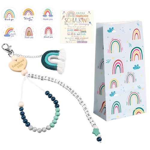Matreeglam Einschulung Geschenk Rechenkette Schultüte Füllung Rechenkette 2025 Einschulung Geschenk Glücksbringer mit Grußkarte Regenbogen Papiertüten Regenbogen Aufkleber (Blau)