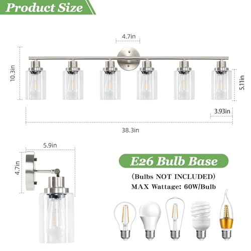Image of 6-Light Nickel Bathroom Vanity Lights, E26 Modern Bathroom Light Fixtures with Clear Glass Shade, Wall Lamps for Mirror Hallway Kitchen Cabinet Living Room Sconces Lights