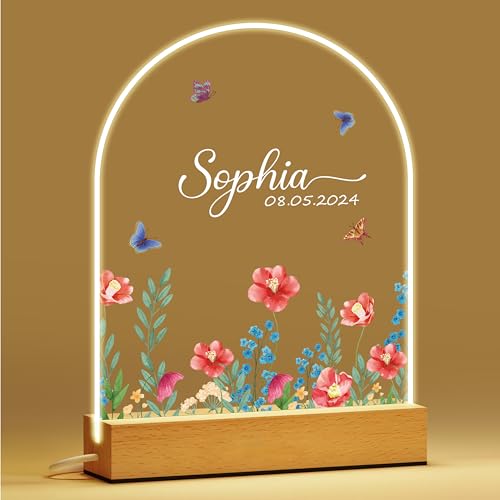 IOUMAM Personalized Baby Gifts, Personalized Night Light for Kids, Wildflowers Night Light with Name Date, Custom Baby Bedroom LED Lamp, Birthday Gift for Kids, Newborn Gift, Nursery Bedroom Decor