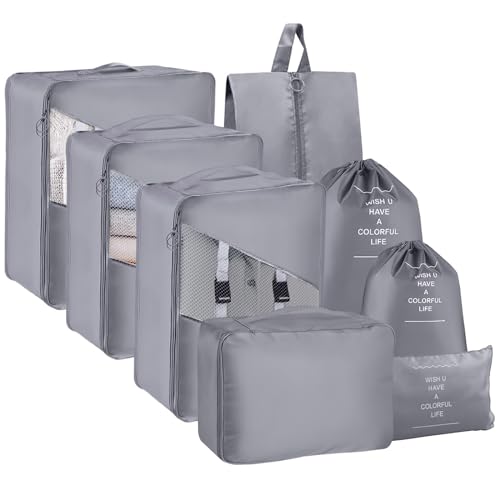 Koffer Organizer Set- 8 Stück, Packing Cubes für Reise, Packtaschen für Koffer, Travel Organizer Suitcase Kleidertaschen Schuhbeutel Kosmetiktasche, Travel Essentials-Grau
