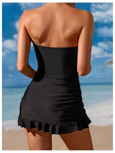 SweatyRocks Women's 3 Piece Swimsuit 3D Floral Strapless Tankini Bathing Suit with Beach Skirt2