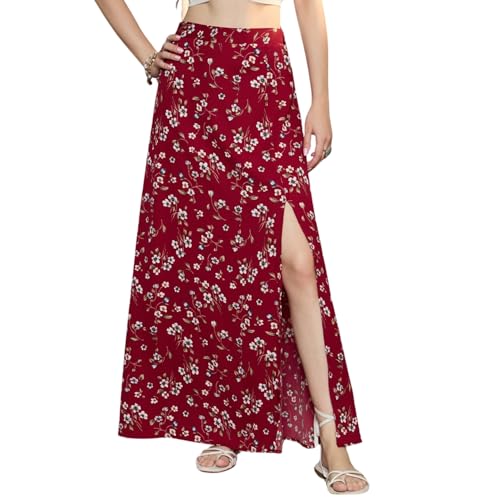 Berrylush Women Red & White Floral Printed High-Rise Waist Slip-On Thigh-High Slit Flared A-Line Maxi Skirt