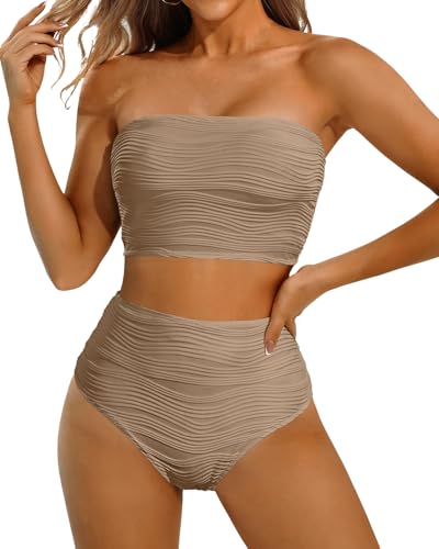 Image of High Waisted Bandeau Bikini Set - Women Strapless Two Piece Swimsuits Ribbed Longline Full Coverage Bathing Suits Swimwear