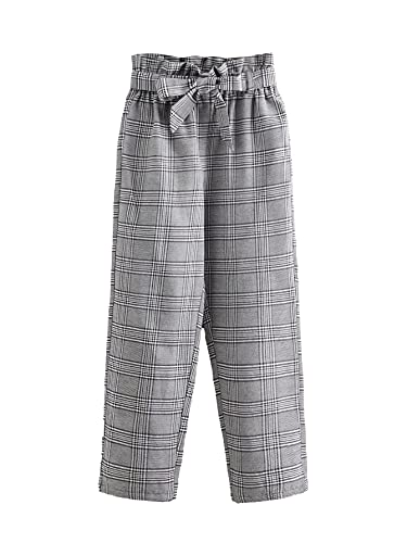 WDIRARA Girl's Plaid Paper Bag Waist Belted Pants Casual High Waist Pants