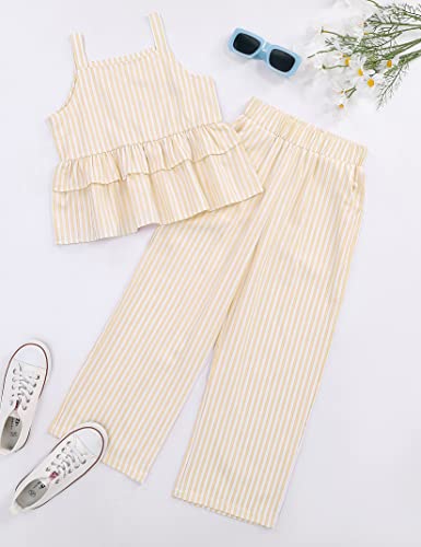 Image of Girl's 2 Piece Striped Outfits Cami Top Wide Leg Pants Ruffle Hem Summer Clothes with 2 Pockets 3-14Y