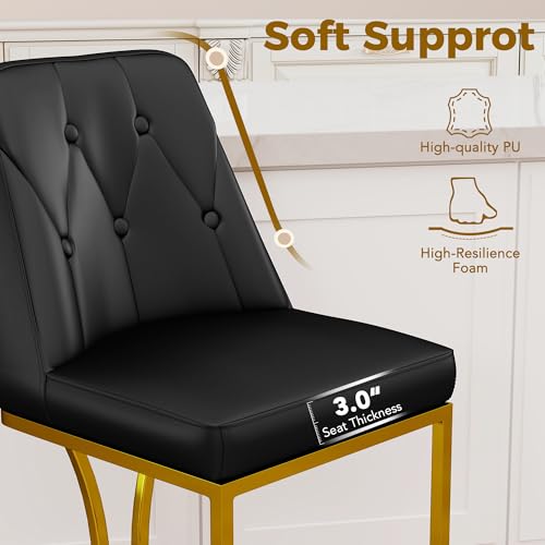 Image of LSSBOUGHT Counter Height Bar Stools Set of 2 24'' Upholstered Padded Barstools with Back Glam Kitchen Island Chairs with Golden Metal Iron Frame (Black-Button-Gold Leg, 4PCS)