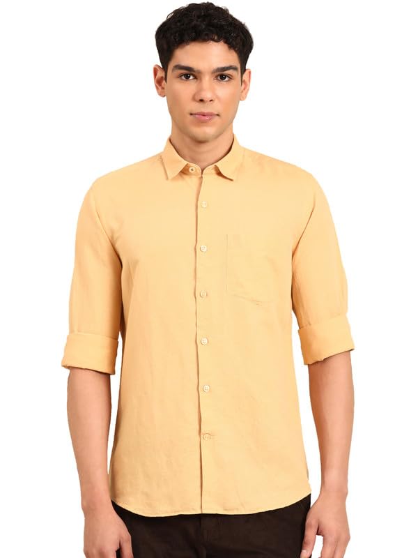 Image of Linen Club Men's Pure Linen Olive Solid Contemporary Fit Full Sleeve Casual Shirt