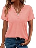Cuptacc T-shirty z krótkim rękawem damskie topy z dekoltem w serek damskie letnie podstawowe luźne topy szykowne bluzki, koral, XXL