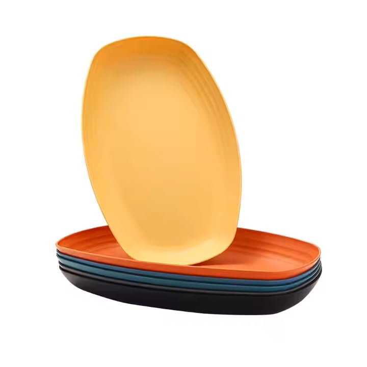 Image of Wheat Straw Unbreakable Oval Plastic Plates, 11.6 inch / 7.2 inch, Lightweight for Kitchen, Party, Camping, Picnic, BBQ, Dishwasher & Microwave Safe (Grey, Pack of 4)