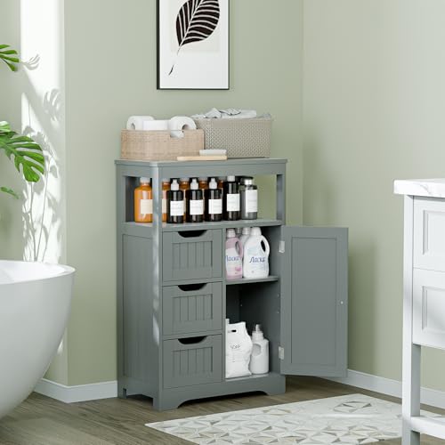 ZenStyle Bathroom Floor Cabinet, Storage Organizer with 3 Drawers and 1 Door, Free Standing Entryway Cupboard for Home Office (Grey)