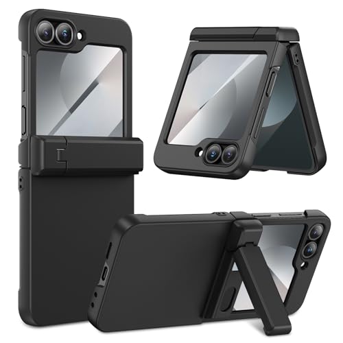 HWeggo für Samsung Galaxy Z Flip 7 FE/Z Flip 6 Hülle Scharnierschutz & Versteckbare Klappstütze & Integrierter Displayschutz Wireless Charging Kompatibel Handyhülle Stoßfest Case Schwarz