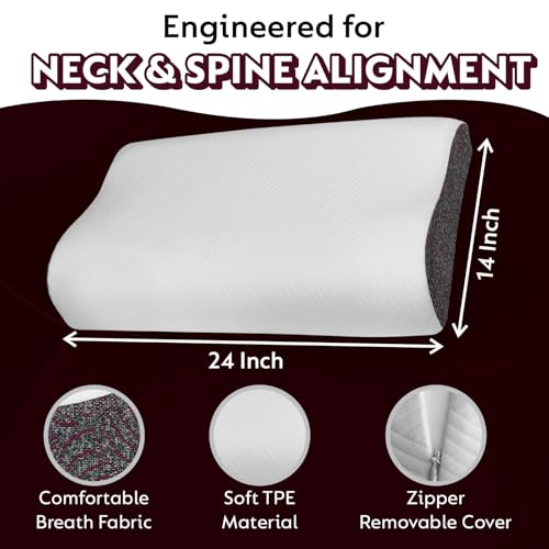Image of KITCHIVO Memory Foam Pillow, Contour Cervical Orthopedic Memory Foam Pillows Supports Neck Pain and Shoulder Pain for Sleepin Cervical Pillow Neck Support Pillow for Side Back (White & MARUN)