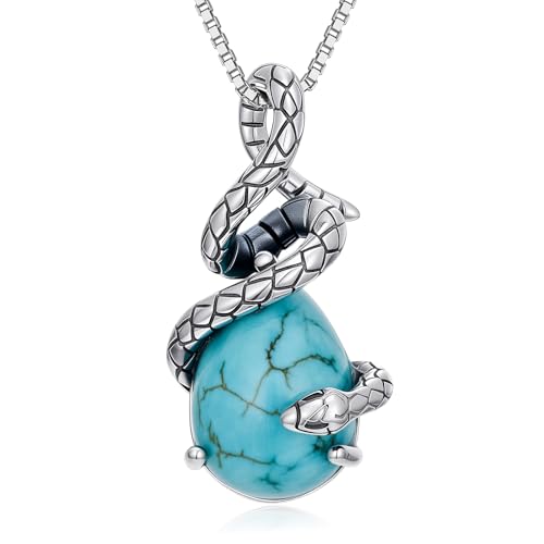 DOLIOX Genuine Turquoise Snake Teardrop Pendant Necklace, Sterling Silver Vintage