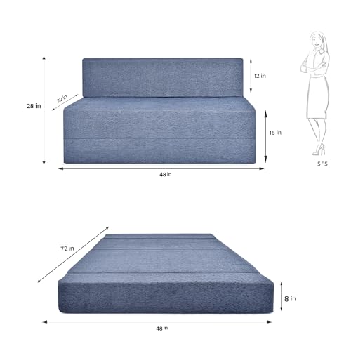 Image of Foldable Two Seater Sofa Bed 4X6 Ft Jute Fabric Washable Cover Convertible Sofa Bed for Home & Office, Guest Room (Finish Color Teal Blue - Pre-Assembled)