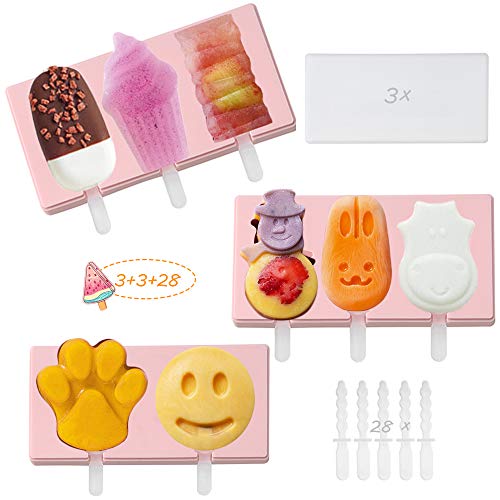 X-BLTU Molde para Helados,Reutilizable Moldes Silicona con Tapa Antiderrame,Moldes de Polos,3 Fabricantes de Paletas Heladas con 28 varillas de Plástico,Fáciles de Desmoldar- Moldes Apilables