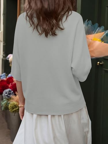 Image of Saodimallsu Womens V Neck Half Sleeve Cardigan Sweaters Summer Knit Tops | Oversized Fit, Button Down, Batwing Sleeve, Soft Lightweight Knitted Fabric, Trendy Casual Style, Summer Fall Outfits