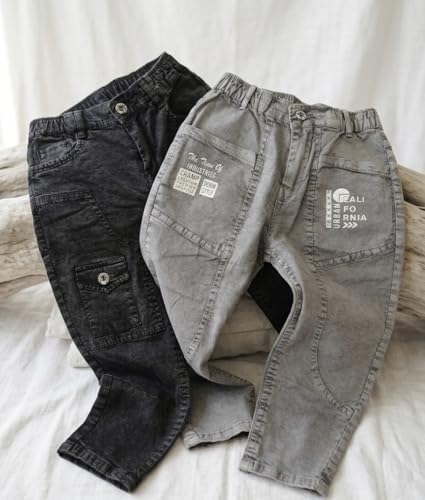 Image of Boys Cargo Pants, Kids Cargo Jeans with Pockets, Adjustable Waist, Stretch Denim Casual Pants for Boys