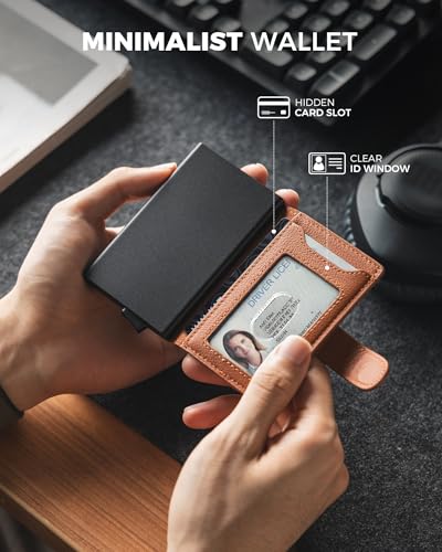 Image of VULKIT Slim Bifold Pop up Wallet Minimalist Leather Card Holder RFID Blocking Metal Card Case with ID Window for Women | with Leather Slots