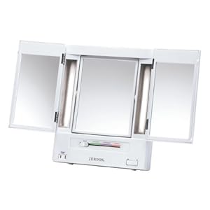 JERDON Tri-Fold Two-Sided Makeup Mirror with Lights – Vanity Mirror with 5X Magnification & Multiple Light Settings – White Base – Model JGL9W