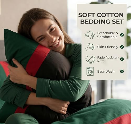 Image of VAS COLLECTIONS Premium Cotton Bedsheet for Double Bed with 2 Pillow Covers - Soft, Breathable & Wrinkle Resistant Cotton Bedding Set, King Size Bed Sheet 90 x 100 Inches (Green Black)