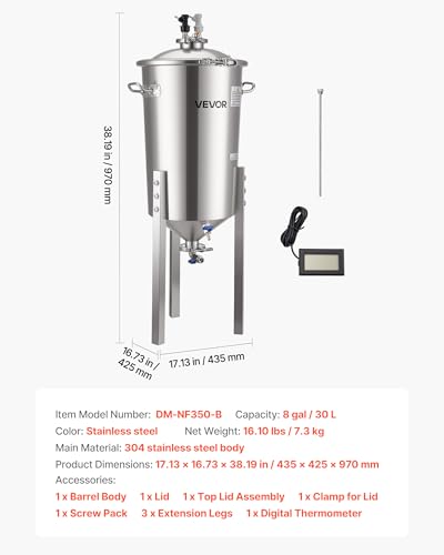 Image of VEVOR Pressure Fermenter 15 PSI, 8 Gal /30L All-in-One Stainless Steel Conical Secondary Fermentation Bucket, for Wine, Beer Brewing Equipment
