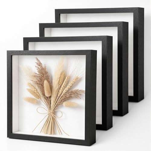 Meyeyaia 4 Pack Shadow Box Frames 12 x 12 Inches Square Artificial Board Shadow Boxes Display Case Black 3D Picture Frames for Photos Dried Flowers Wall Mounted Handicraft Photo Frame