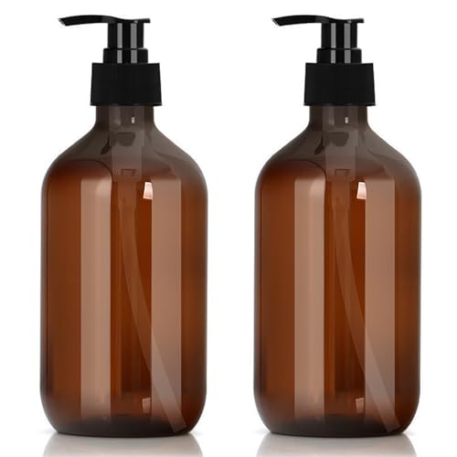 2 Packs Plastic Pump Bottle Dispenser 500ml(17oz) Refillable Soap Dispensers for Bathroom Kitchen Amber Shampoo Dispenser Shower Gel Dispenser Empty Shampoo Bottles with Pump