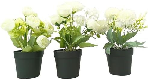 Cutepet Fake Flowers in Vase Set of 3 – White Artificial Flowers for Outdoors & Indoors, Realistic Faux Flowers Arrangements for Home, Office, Garden Decor
