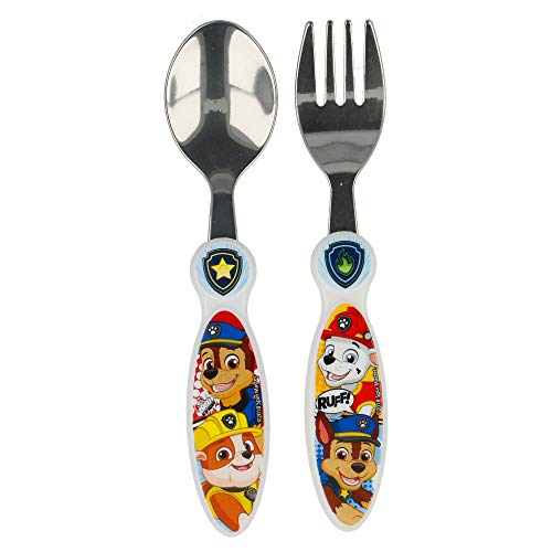 Paw Patrol - Set di 2 posate per bambini, forchetta e cucchiaio, con testa in acciaio INOX