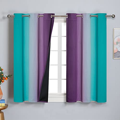 Estelar Textiler Ombre Teal and Purple Blackout Curtains 45 Inch Length 2 panels, Grommet Thermal Insulated Gradient Drapes for Kids Room, Full Light Blocking Blackout Curtains for Bedroom, 42x45 Inch