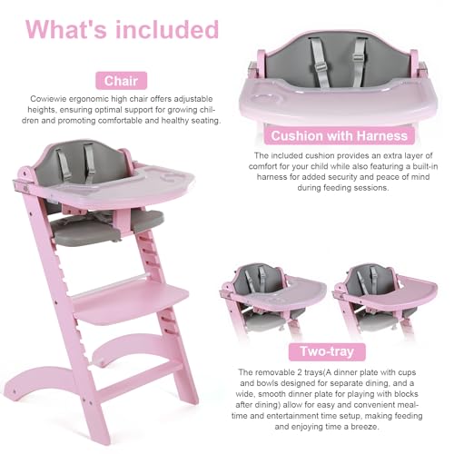 Image of Cowiewie New Upgrade 3-in-1 Convertible Wooden High Chair for Babies & Toddlers 10 Levels Adjustable 3-Tier Remove 2 Waterproof Cozy Cushions Pink